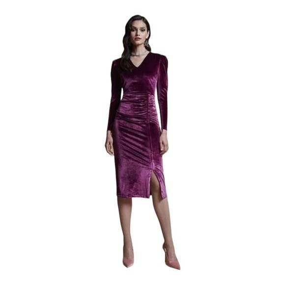 Rachel Parcell Purple Midi Dress Long sleeve stretch velvet sheath Sz Large - Picture 2 of 13